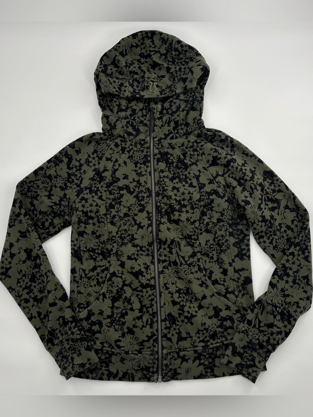 Lululemon Scuba Hoodie Green Black Floral Full Zip Sweatshirt Jacket Women’s 8